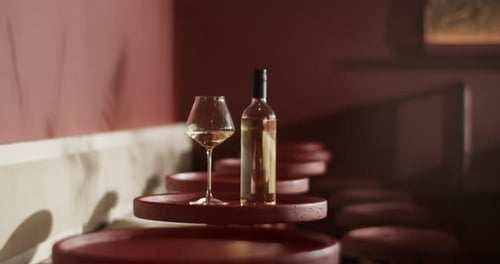 Wine Glass and Bottle on Red Table