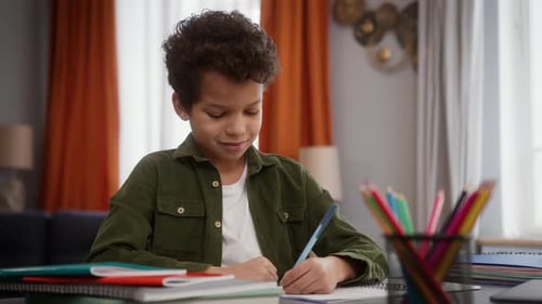 Boy Studying and Writing at a Table