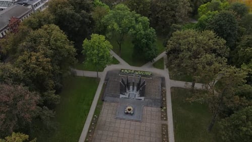 Drone is circling over a memorial in the park of Daugavpils, Latvia, nature, 4k
