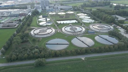 Aerial overview of basins of water treatment plant