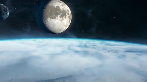 Cinematic Space View of Earth and Moons from Orbit