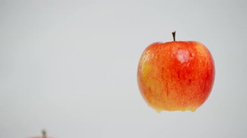 Primer plano de una manzana colgada a la derecha con hilo de cortar a mano femenino y fruta cayendo lentamente hacia abajo