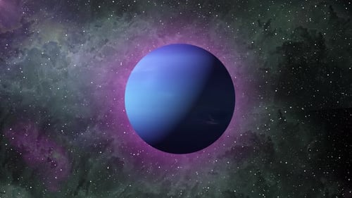 Rotating Blue Planet in Space with Nebula Background