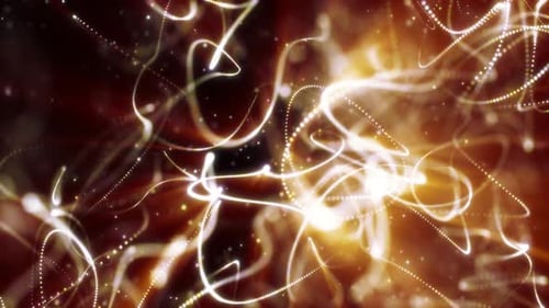 Warm golden and white abstract particle trails twisting in a glowing motion background
