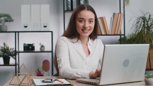 Caucasian Business Woman Freelancer at Office Start Working on Laptop Computer Sends Online Messages