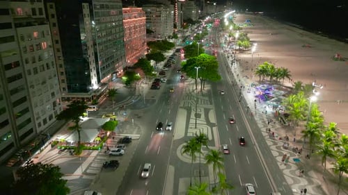 Night View of a Busy Street Along Copacabana Beach in Rio De Janeiro Brazil with Buildings on One