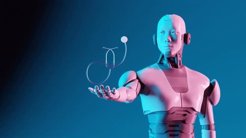 Medizinischer Roboter mit Stethoskop, 3D-Render, humanoider Roboter, Robotik, KI, Medizintechnik