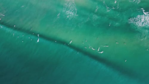 Vista aérea de cima para baixo do litoral no Brasil com ondas quebrando na costa e surfistas