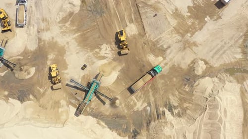 Sand moving on automatic conveyor belt. Mining conveyor sand sorting . Aerial View