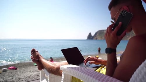Man Laptop Sea Working Remotely on Seashore Happy Successful Man Male Freelancer Working on Laptop
