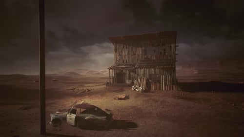 Desolate Abandoned Shelter Derelict Wooden Hut Under Gloomy Skies