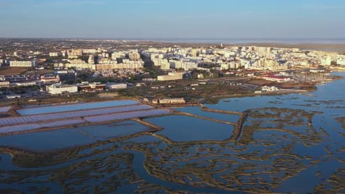 Beautiful Aerial Views of the Ria Formosa of the Portuguese Southern Town of Faro with Salt Lakes