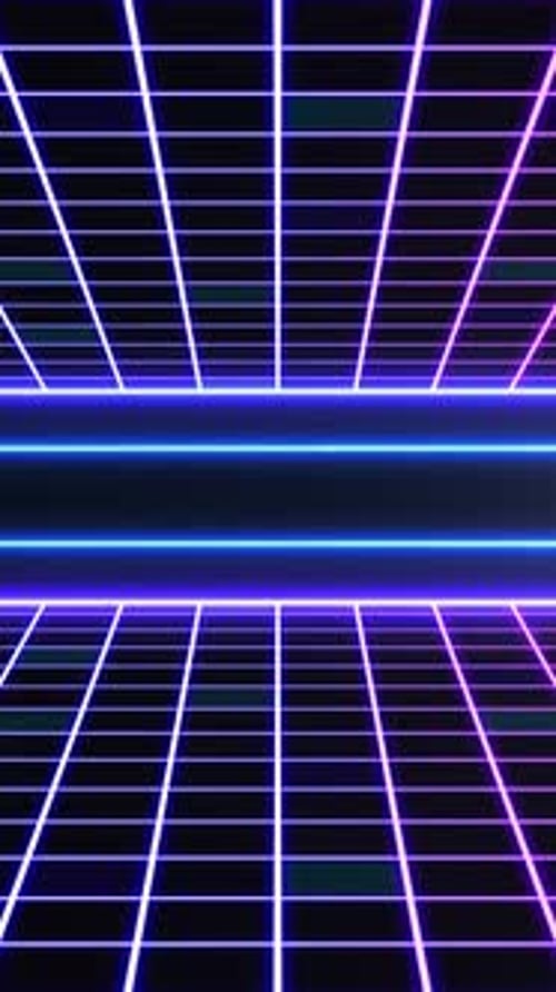 Science-Fiction-Hintergrund im Retro-Look der 80er und 90er Jahre, futuristische Rasterlandschaft, Neon.