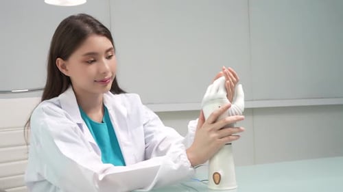 Woman Evaluates Robotic Prosthetic Arm in Office