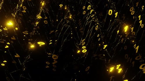 Eine binäre Matrix aus goldenen Einsen und Nullen, die sich wellenförmig bewegt und blinkt. Digitales Hintergrundkonzept