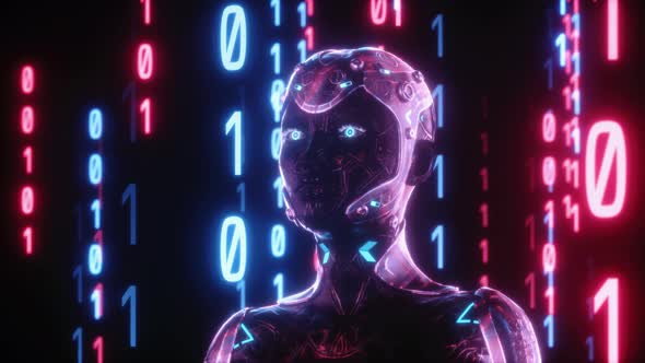 Futuristic Cyborg AI with Glowing Binary Code Background, Backgrounds ...