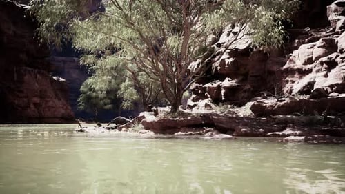 Landscape with Red Sandstone Rock and River