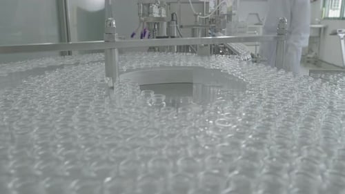 Ligne de production de l'usine en salle blanche, des travailleurs en blouses de laboratoire et masques mènent