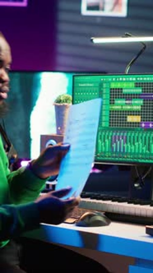 Man Holding Sheet Music in Recording Studio