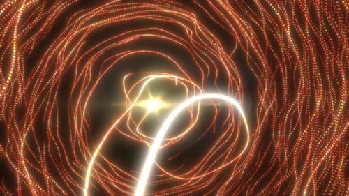 Glowing orange vortex tunnel with bright swirling light trails creating a dynamic abstract flow