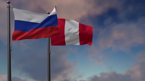 Flags of Russia and Peru Waving in the Wind