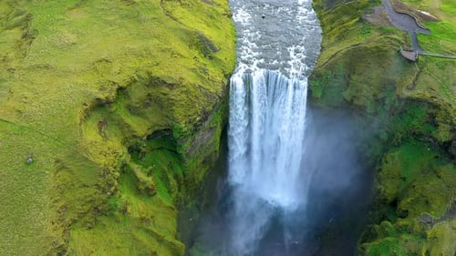 Aerial View of Skogafoss Waterfall, Iceland Flying Above with a Drone
