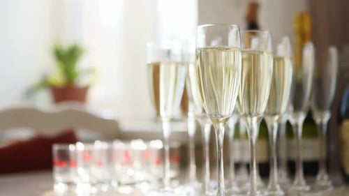 Champagne Glasses on Celebration Event in Restaurant Sparkling White Whine on Birthday Party or
