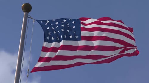 Realistic American Flag Waving in Wind with Blue Sky