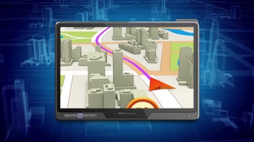 GPS-Navigationskonzept. Pfeil, der sich auf einer Karte vorwärts bewegt. Nahtlose Schleife. Blauer
Hintergrund