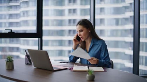 Corporate Leader Arguing Cellphone Frustrated Document Mistake in Office