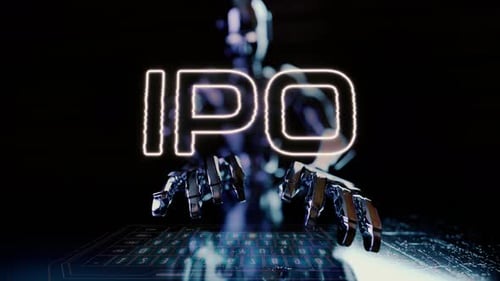 Texte Ipo animé avec un robot d'affaires intelligent tapant sur un clavier futuriste v2