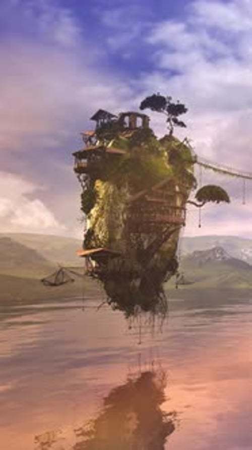 Fantasy Floating Island with Treehouses Rotating Over Water