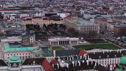 Aerial Footage of Historic Buildings and Palaces in Old City Busy Road Between Tourist Sights Vienna