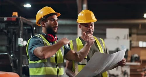 L'ingénierie, les plans et le travail d'équipe dans un entrepôt ou un chantier de construction