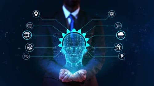 Futuristic AI Head Reveal with Networking Data Icons