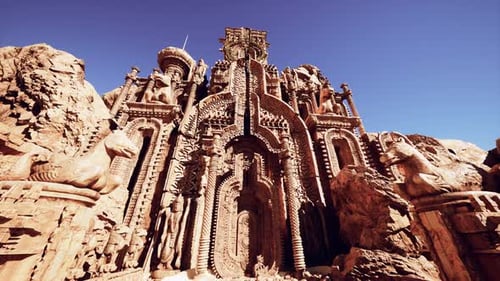 Temple Wall Adorned with Intricate Rock Ornaments Against the Beautiful Sky