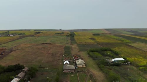 Aerial drone views over rural village landscape