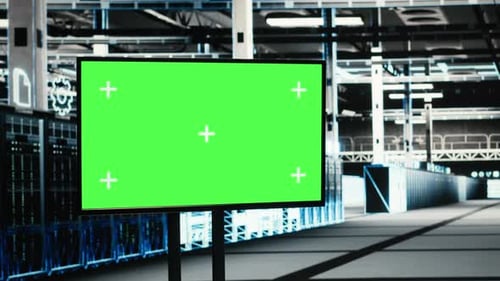 Monitor de pantalla verde en el centro de datos que supervisa la superposición de efectos visuales de Wireframe Mesh Rigs