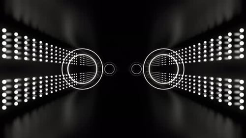 Weißer digitaler Korridor mit hellen Neonkreisen im Hintergrund, VJ Loop in 4K