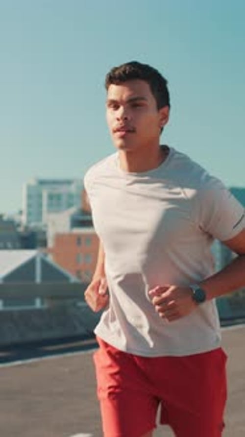 City, man and runner for fitness, wellness challenge and training for marathon on bridge