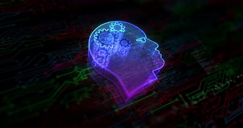 Neon AI Brain with Gears on Circuit Board Animation