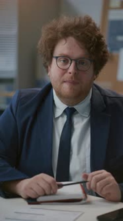 Man in Suit Speaking at Desk in Office