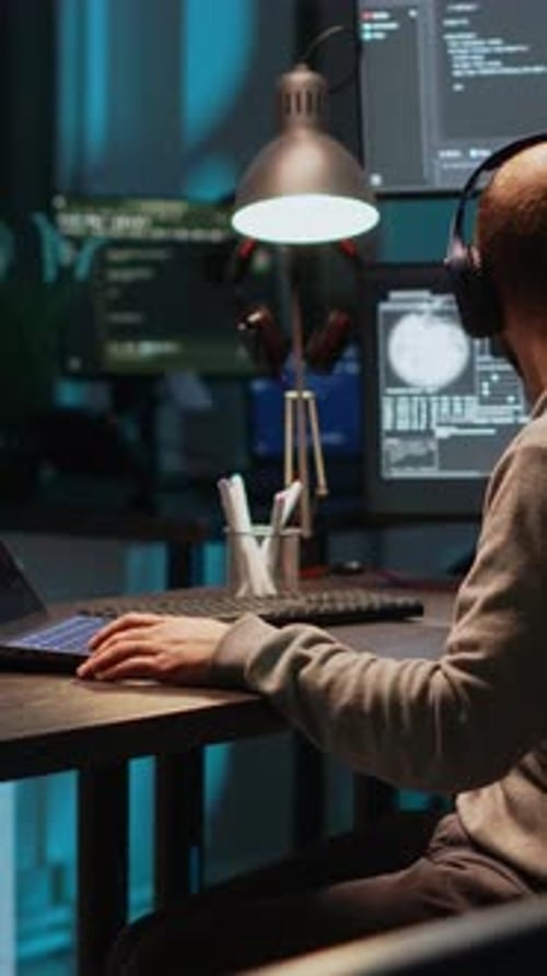 Engenheiro de software de vídeo vertical digitando código de programação em laptop com vários monitores