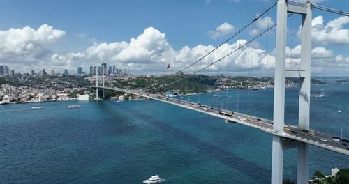 Istanbuler Bosporus-Brücke und Skyline der Stadt im Hintergrund mit türkischer Flagge bei schönem Sonnenuntergang