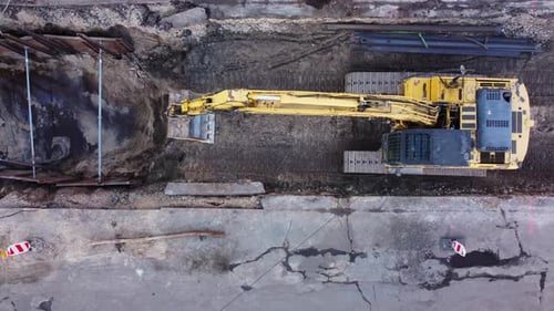 Aerial View of Excavator and Roadworks, Construction Zone, Heavy