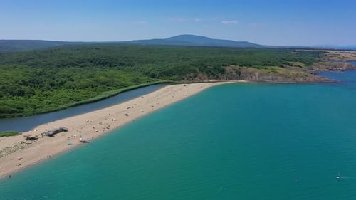 Aerial view to beautiful beach on Sinemorets and mouth of Veleka river, Black sea, Bulgaria