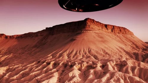 Flying Sacuer Ufo landing on Mras planet mountain, aerial