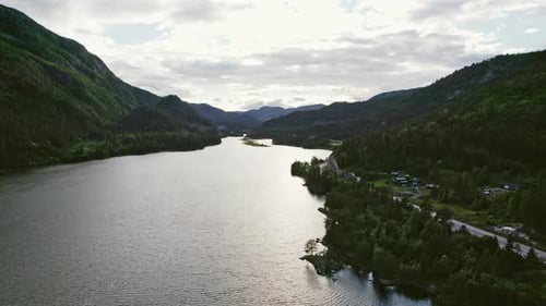 Aerial View Of Picturesque Mountain Landscape With River In Norway