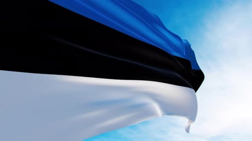 Realistic 3D Flag of Estonia Waving Under Blue Sky