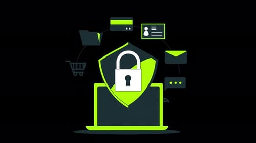 computer with data protection security icon animation 4k on alpha channel